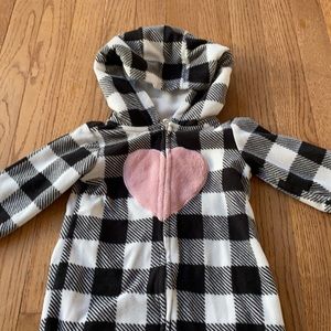 Carter’s black Buffalo check heart fleece hooded playsuit, size 18 months